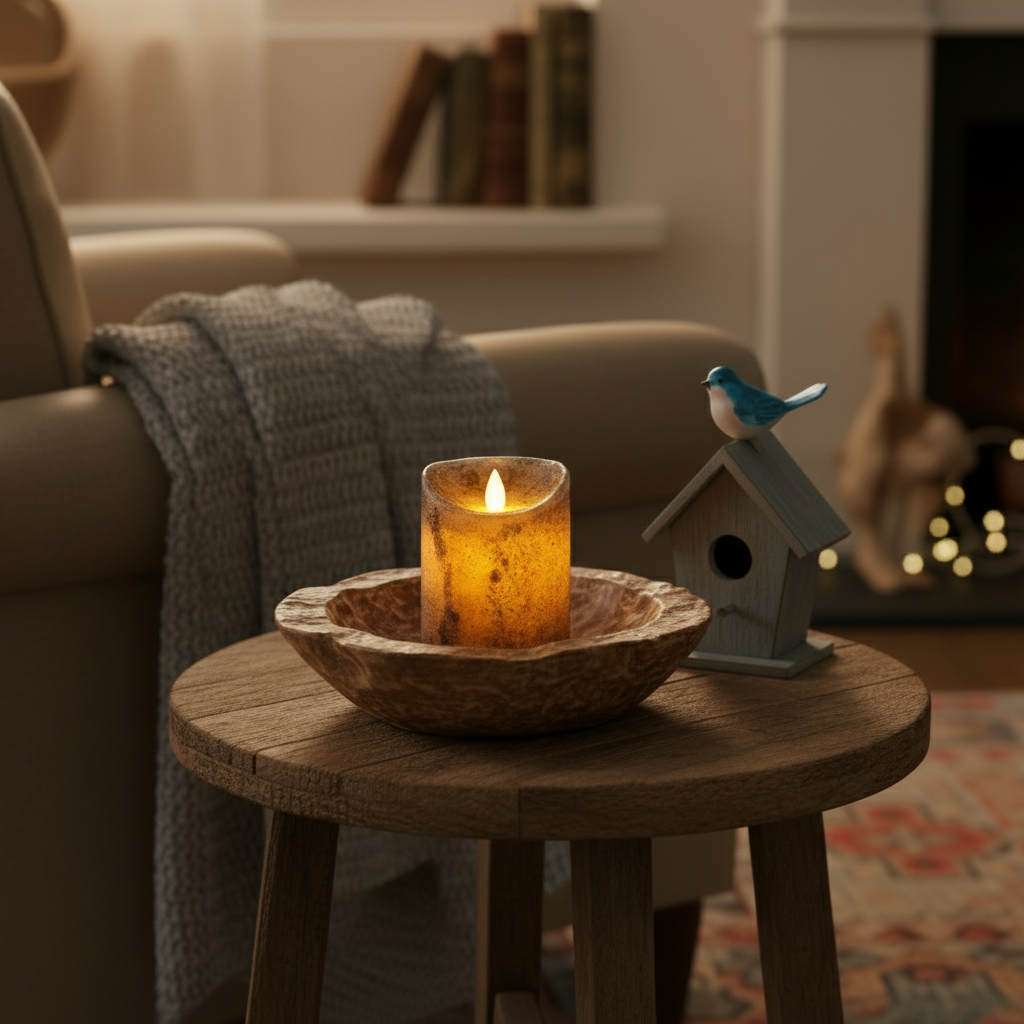 Candle in a wooden bowl on a small table with a birdhouse and bird figurine in a cozy living room setting.