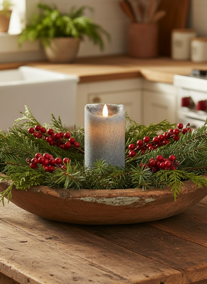 Decorative candle in a wooden bowl with greenery and red berries on a kitchen counter.