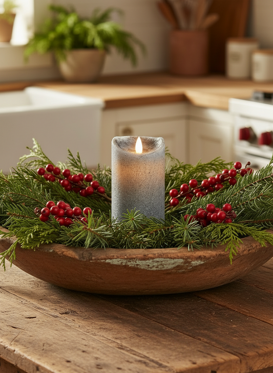 Decorative candle in a wooden bowl with greenery and red berries on a kitchen counter.