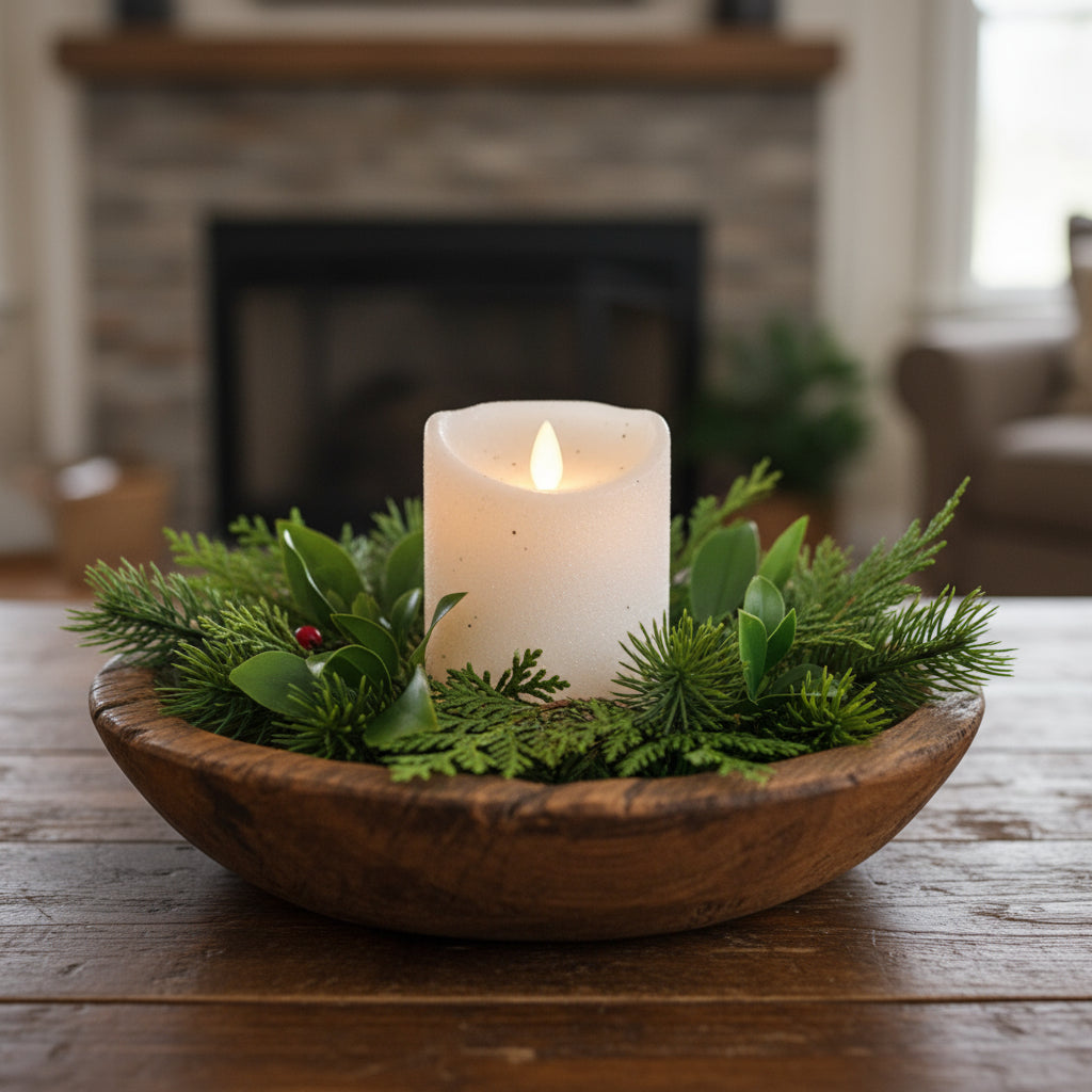 Candle in a wooden bowl with greenery on a table in a cozy room.