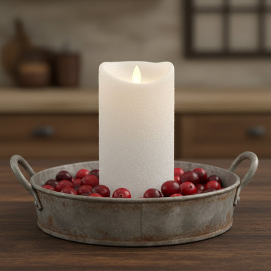 White candle in a metal tray with red berries on a wooden surface