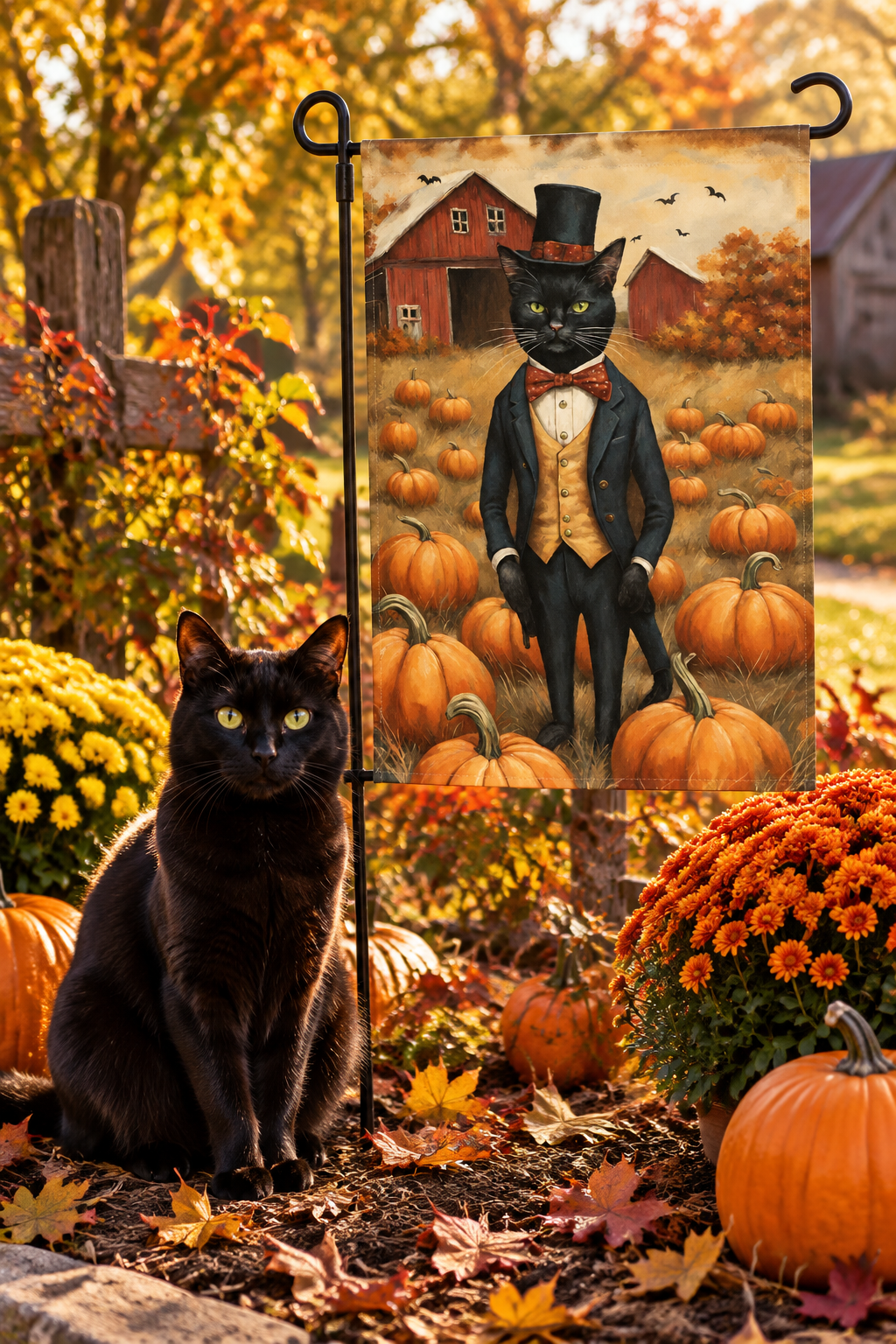 Garden stake with dressed black cat in a fall garden with mums, pumpkins, and a black cat.