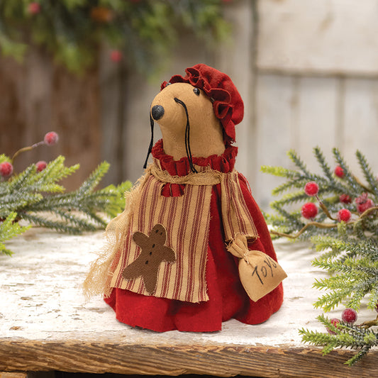 Mrs. Claus mouse with gingerbread apron with ticking stripes