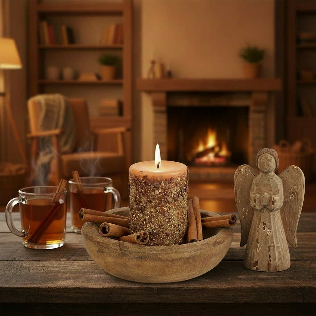 Burning pillar candle in wood bowl with cinnamon sticks in a room setting.