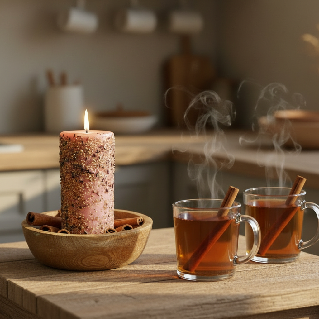 Two mugs of hot beverage with cinnamon sticks next to a lit candle on a wooden surface.