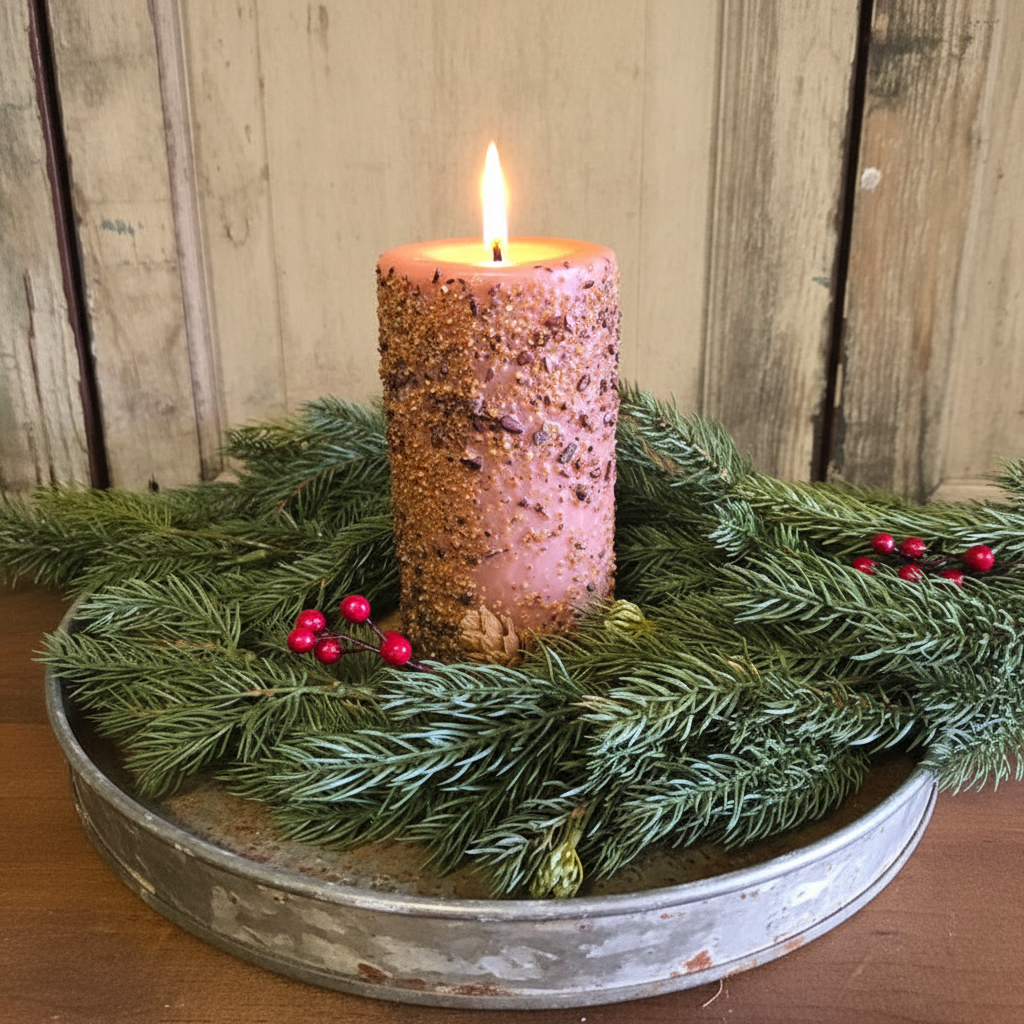 Pillar candle surrounded by candle ring with berries