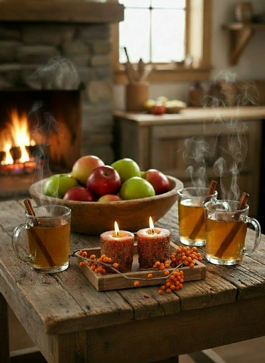 Cozy autumn scene with hot drinks, apples, and candles on a wooden table in front of a fireplace.
