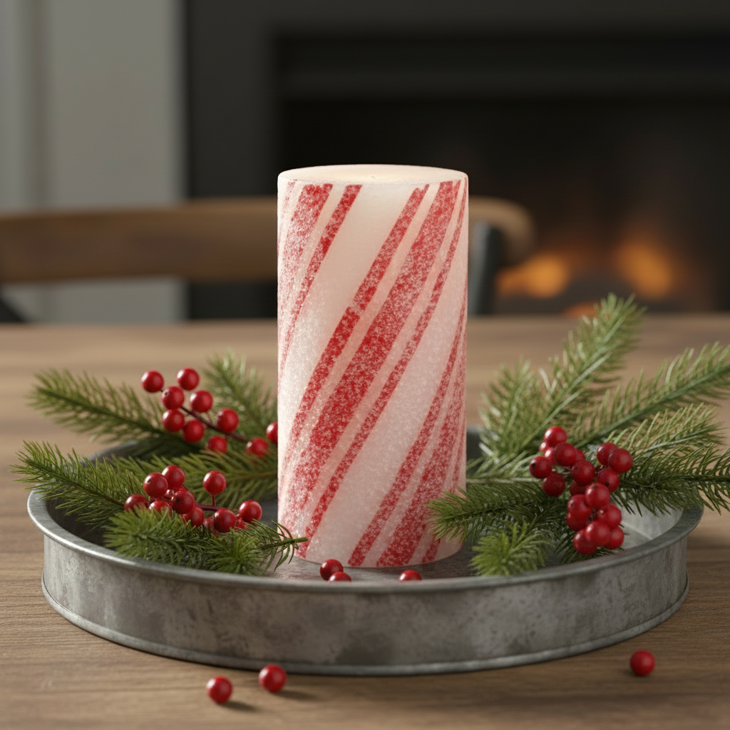Decorative candle with peppermint stripes on a metal tray with greenery and berries, set against a fireplace.