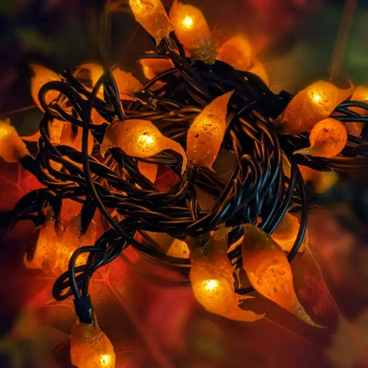 A strand of silicone string lights with a mustard seed-shaped bulb, attached to a brown cord.