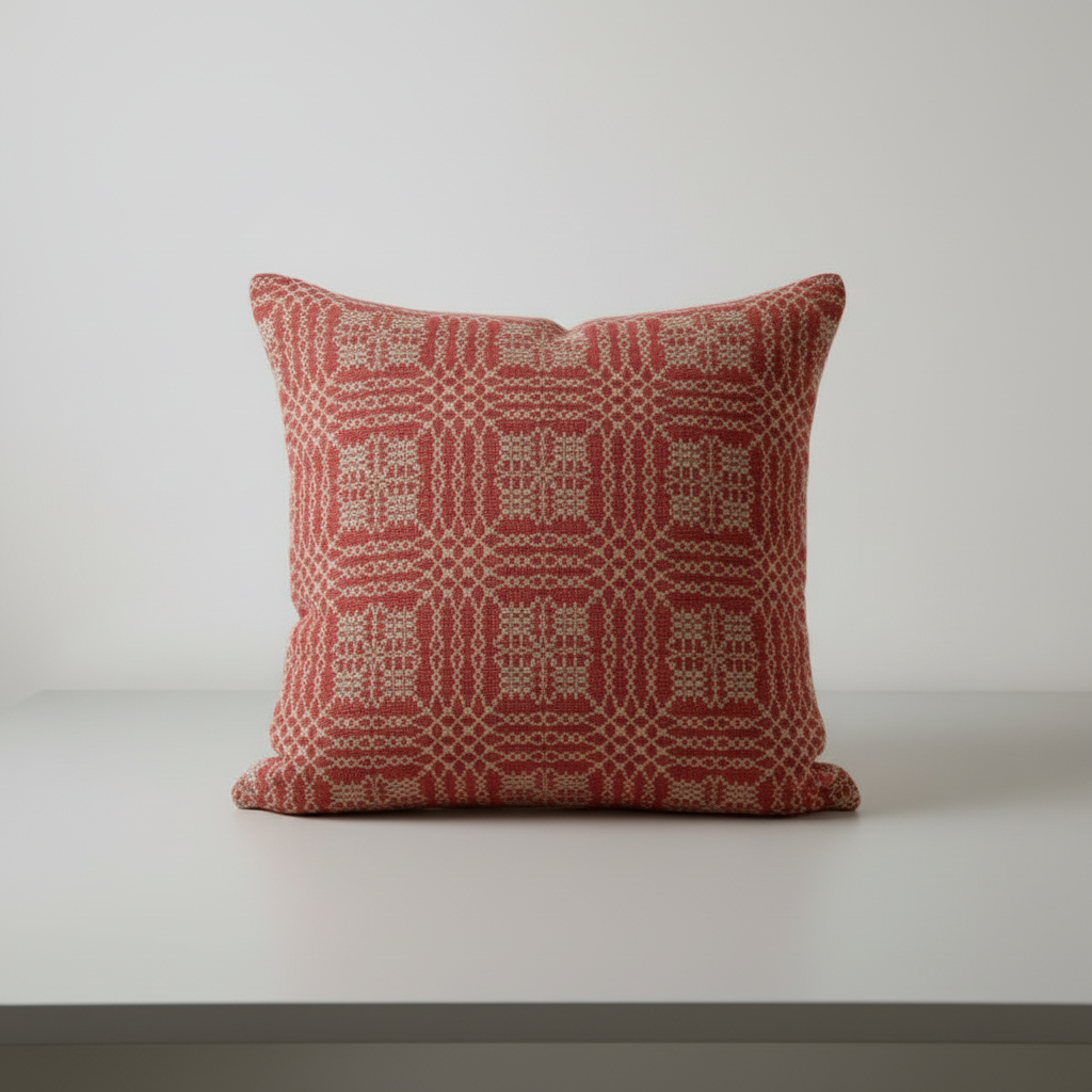 Red patterned pillow on a white surface with a light gray background