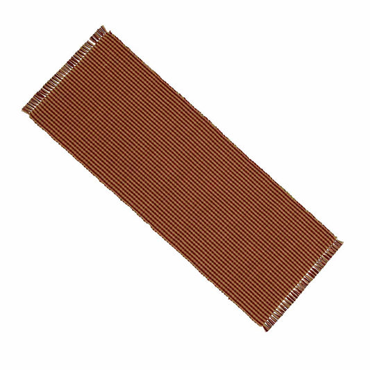 Barn red colored Newbury Gingham table runner made of cotton, laid flat.