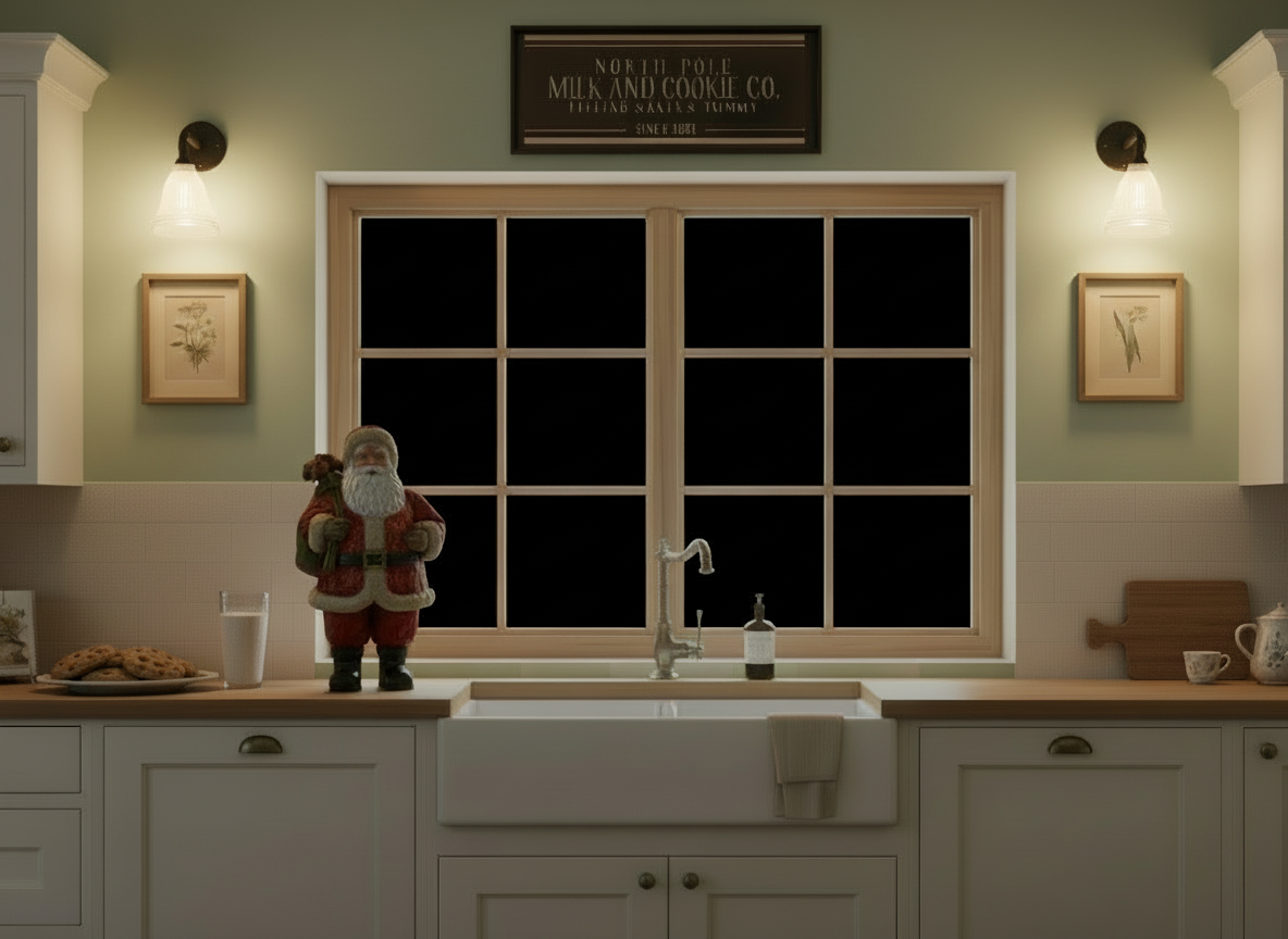 Framed sign on a mantelpiece with Christmas decorations