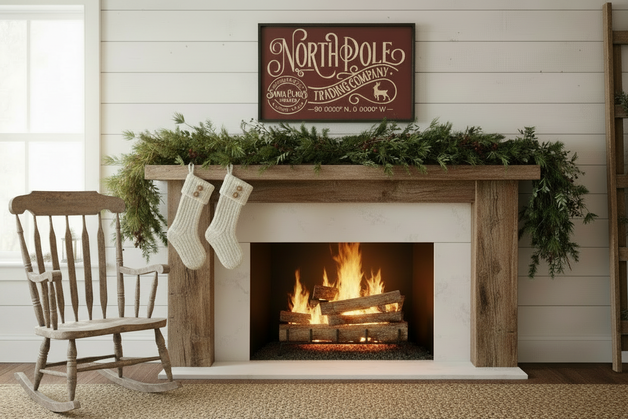 Decorative fireplace with stockings, logs, and a 'North Pole' sign.