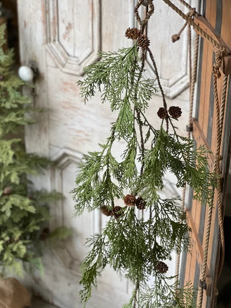 Decorative greenery with pinecones hanging against a wooden door.