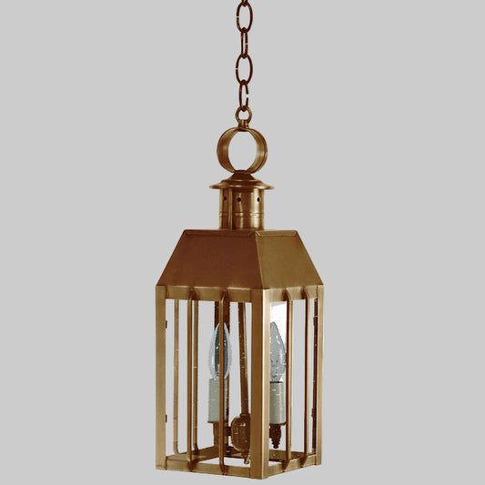 Bronze hanging lantern with glass panels on a white background