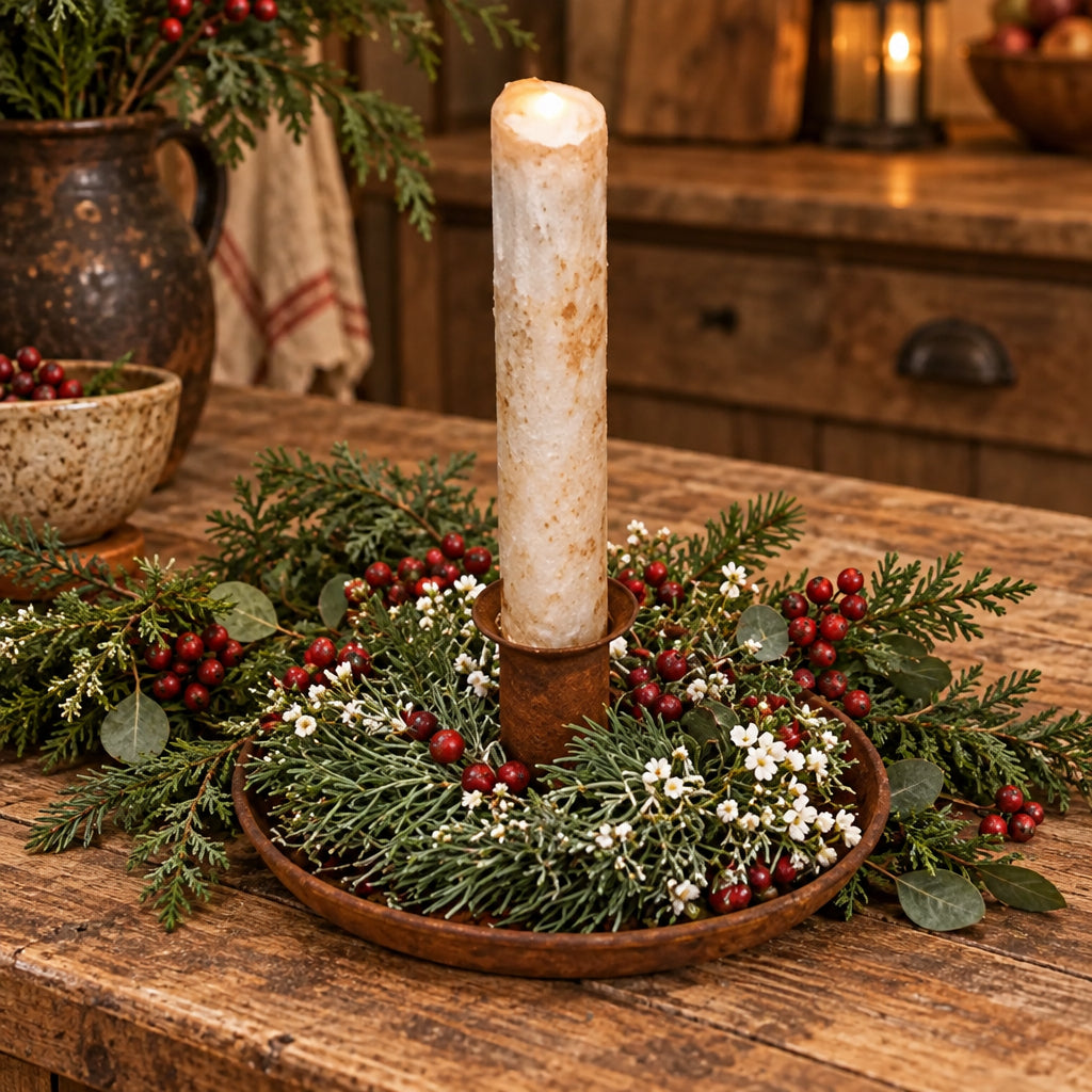A rustic holiday centerpiece featuring a tall cream-colored candle in a brown wooden holder, surrounded by green pine branches and small white faux snow, all set in a round brown dish on a stone surface.