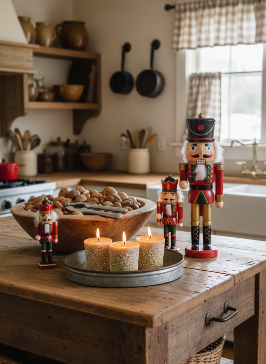 Decorative nutcrackers and candles on a wooden table in a kitchen setting.