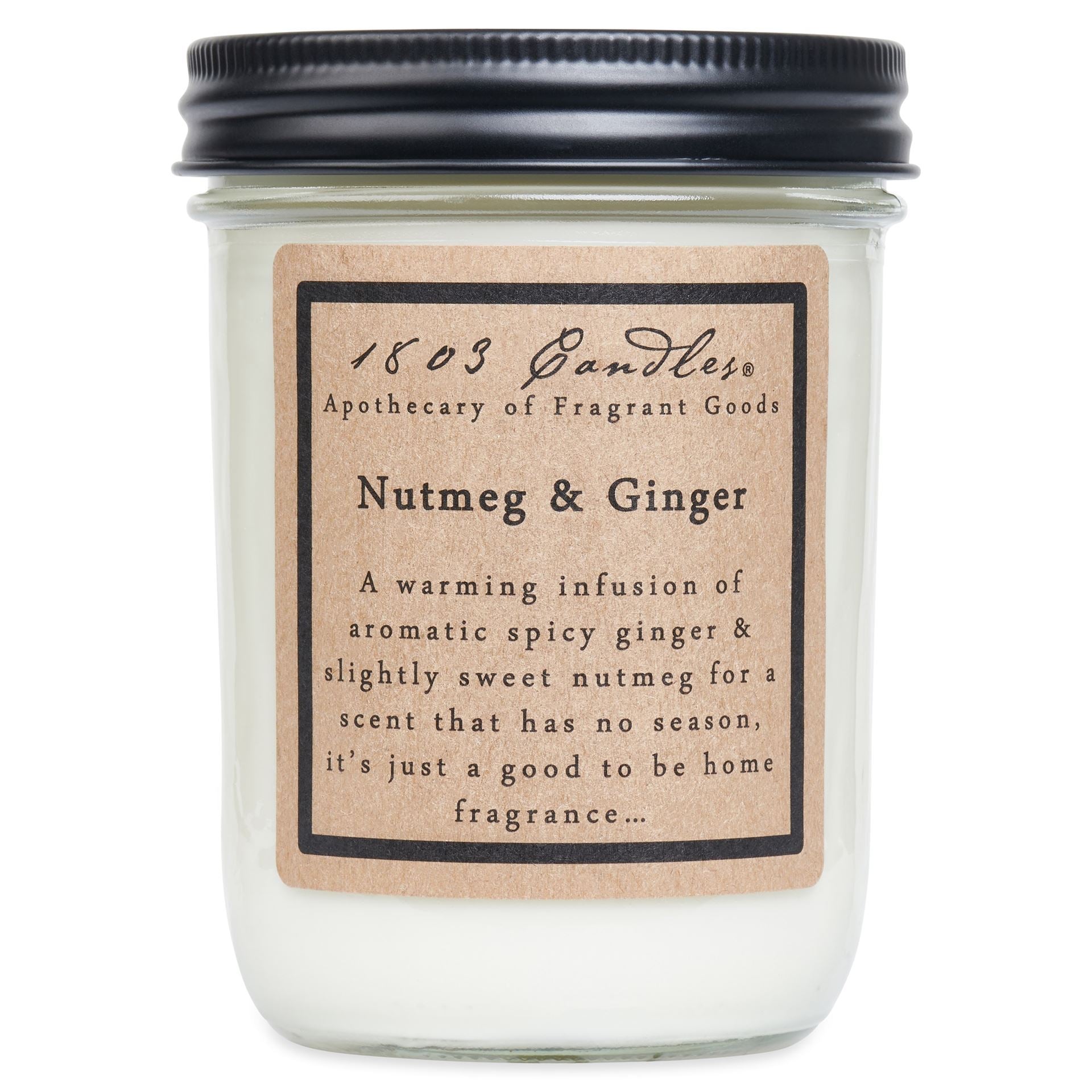 A 14oz jar candle labeled '1803 APOTHECARY OF FRAGANCE GOODS Nutmeg & Ginger' with a warm white wax visible through the clear jar lid.