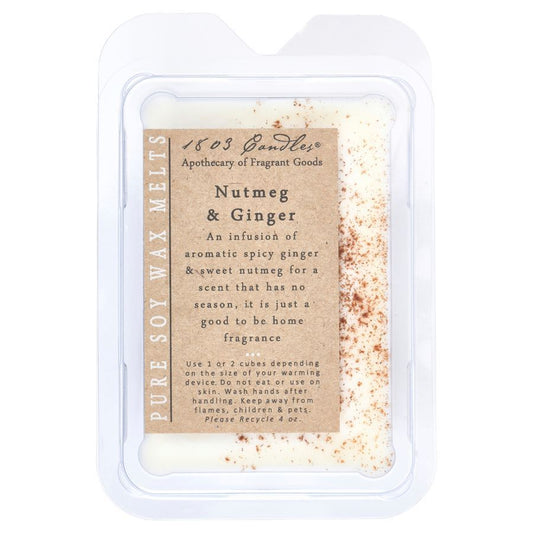 Nutmeg & Ginger wax melt packaging with text on a white background