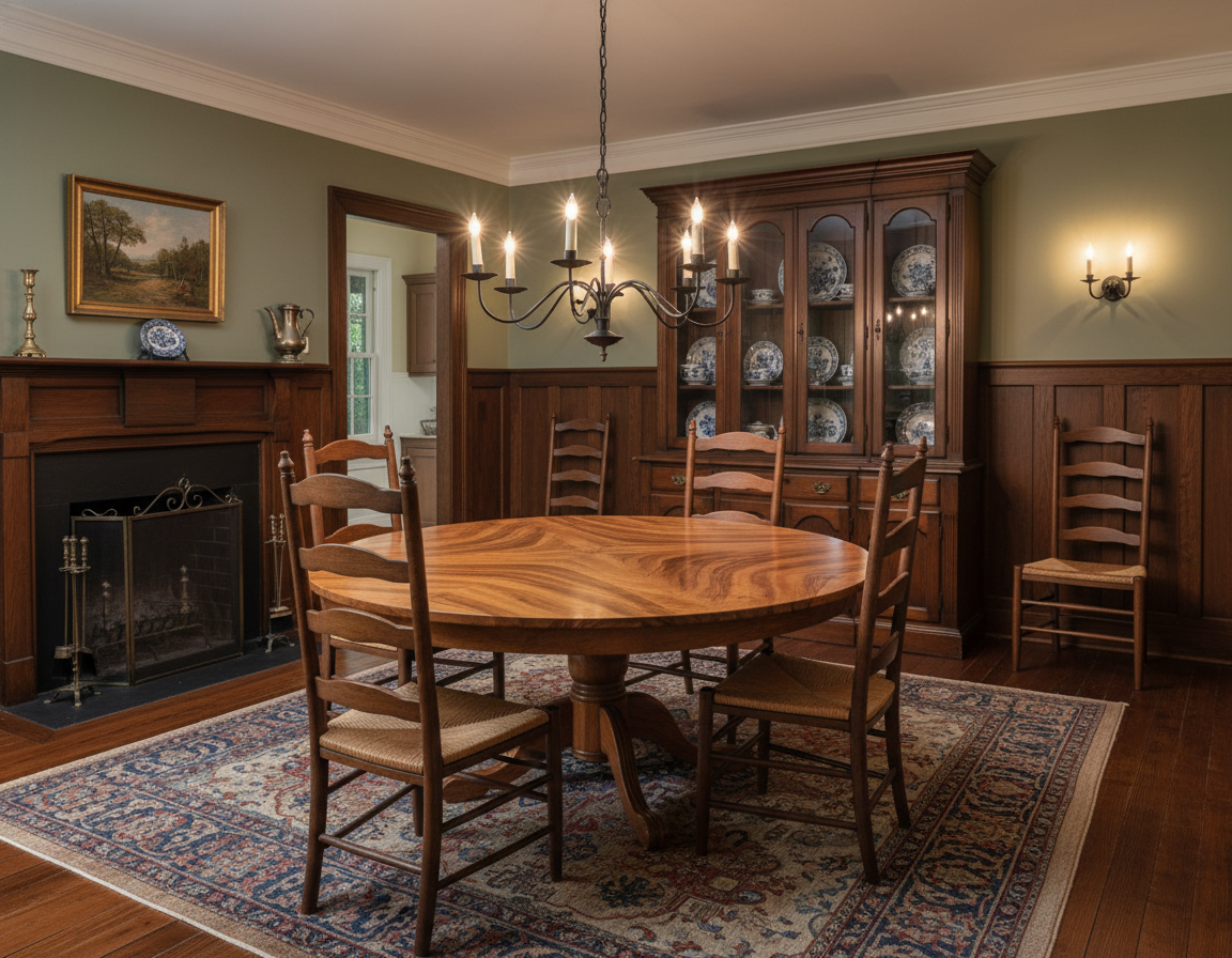 Dining room with wooden table and chairs, fireplace, and china cabinet.