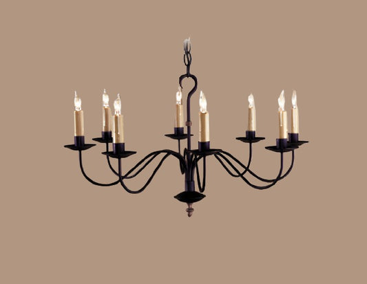 An Oakham wrought iron chandelier with eight lights, hanging from the ceiling. The chandelier appears to be black in color with a metallic finish.