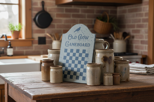 Decorative gameboard with 'Old Crow Gameboard' on a wooden table in a kitchen setting.