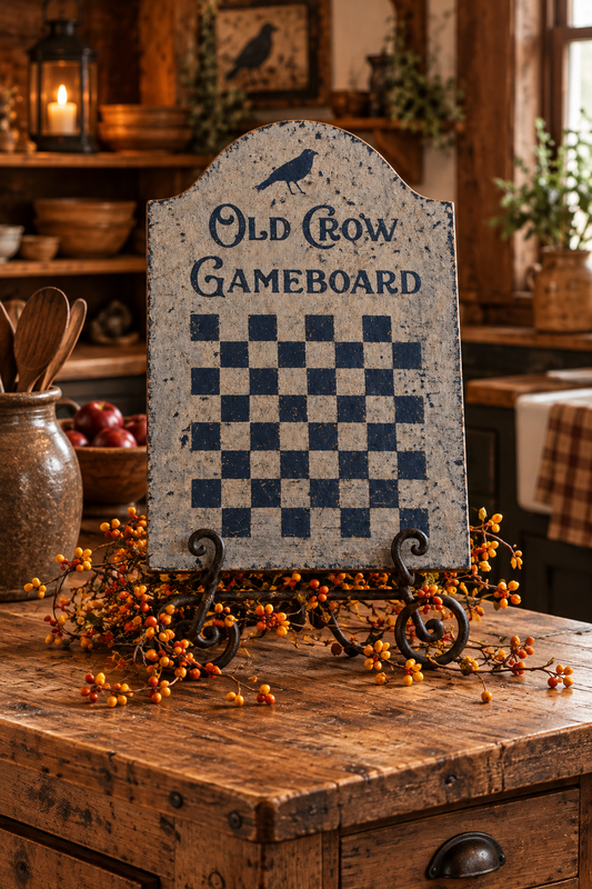 A rustic decorative sign shaped like an old crow gameboard, featuring a weathered stone texture, dark blue crow silhouette and checkerboard, displayed on a black metal stand on a wooden table in a cozy, warm-toned room.