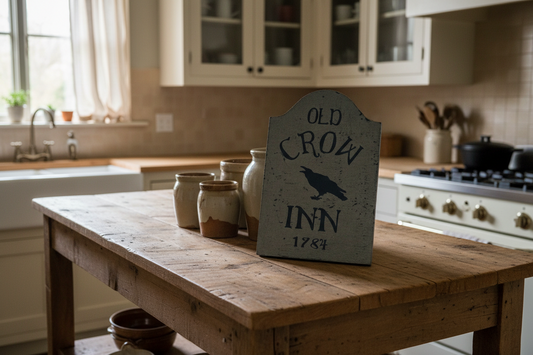 Wooden table with a decorative sign reading 'Old Crow Inn 1783' in a kitchen setting.
