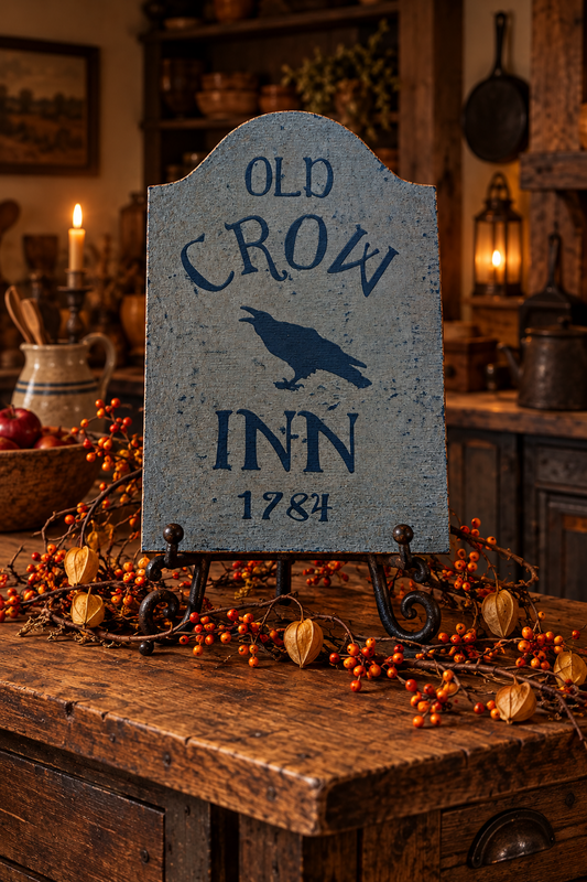 A rustic decorative sign reading 'OLD CROW INN 1784' with a crow silhouette, displayed on a small stand on a wooden table in a warmly lit cabin interior with fall decor.