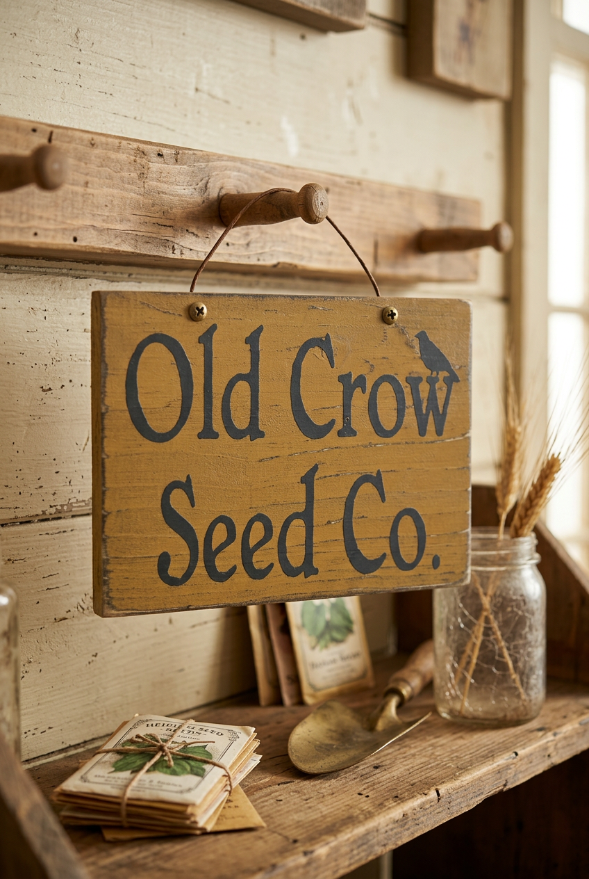 Old crow wood sign hanging from peg rack.