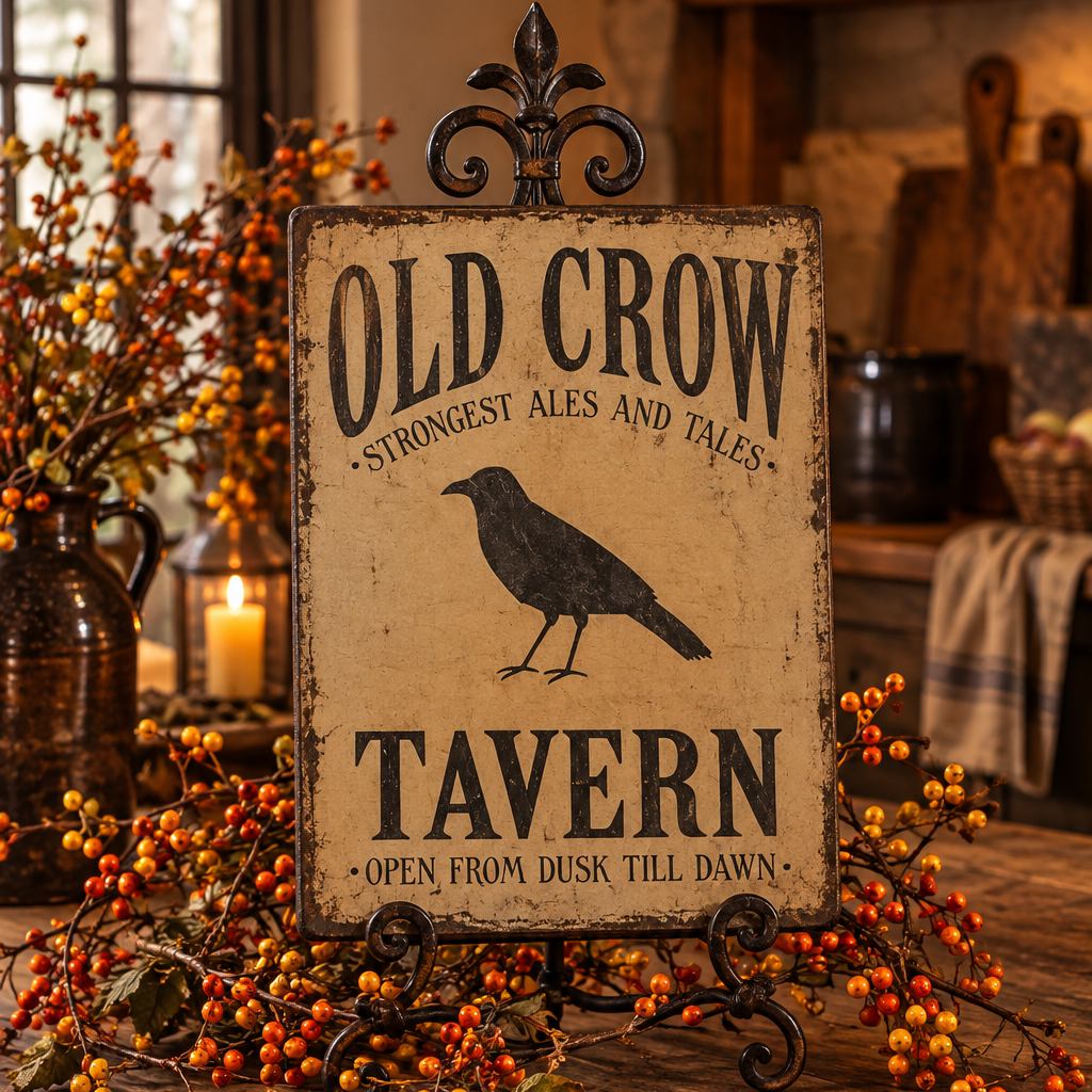 A rustic decorative sign reading 'OLD CROW TAVERN' with a black raven illustration, displayed on a wooden table in a cozy interior setting with berries and candles.