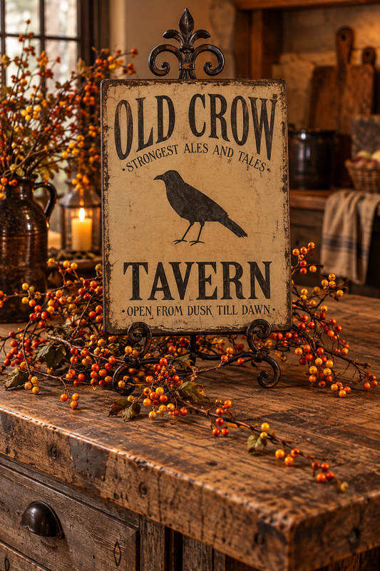 A rustic decorative sign reading 'OLD CROW TAVERN' with a black raven illustration, displayed on a wooden table in a cozy interior setting with berries and candles.