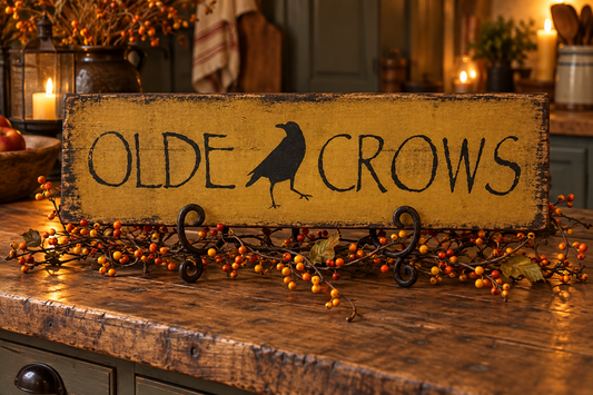 A rustic wooden sign reading "OLDE CROWS" with a black crow silhouette, displayed on a wooden table with berry garlands in a warmly lit indoor setting.