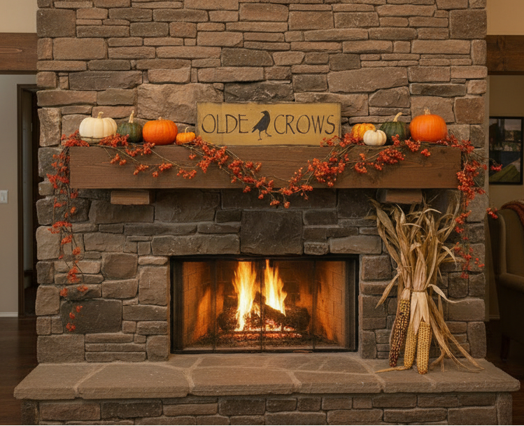 Decorative fireplace mantel with pumpkins, candles, and a sign above a lit fireplace.