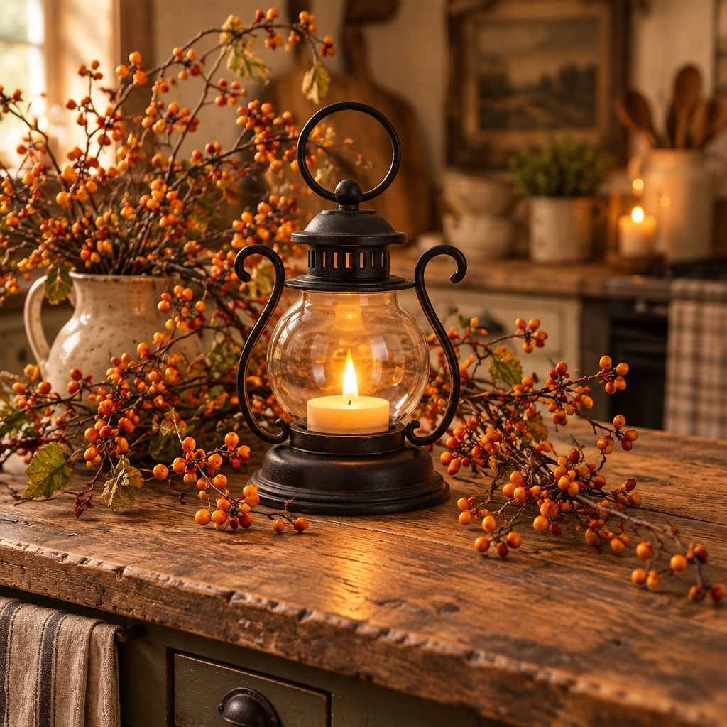 A black metal lantern with a clear glass shade and a lit white candle inside, placed on a rustic wooden table in a cozy, warmly lit kitchen setting with berry branches draped around it.
