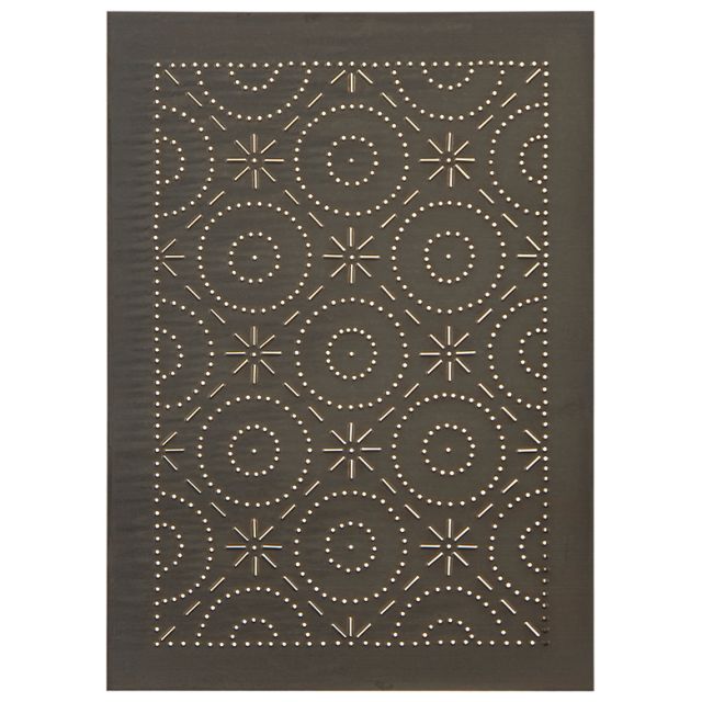 A black cabinet panel with a geometric punch pattern design.