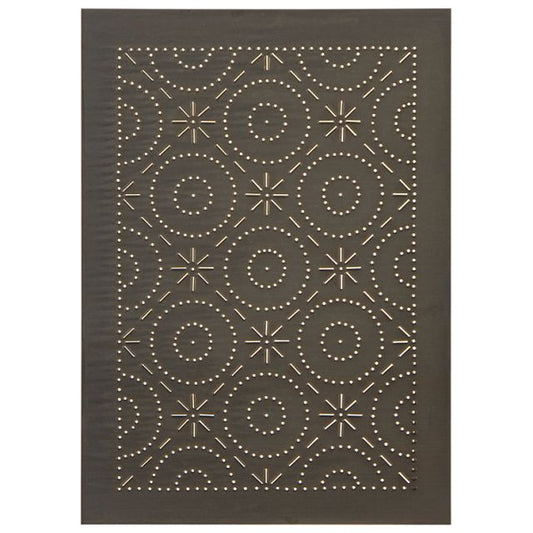A black cabinet panel with a geometric punch pattern design.