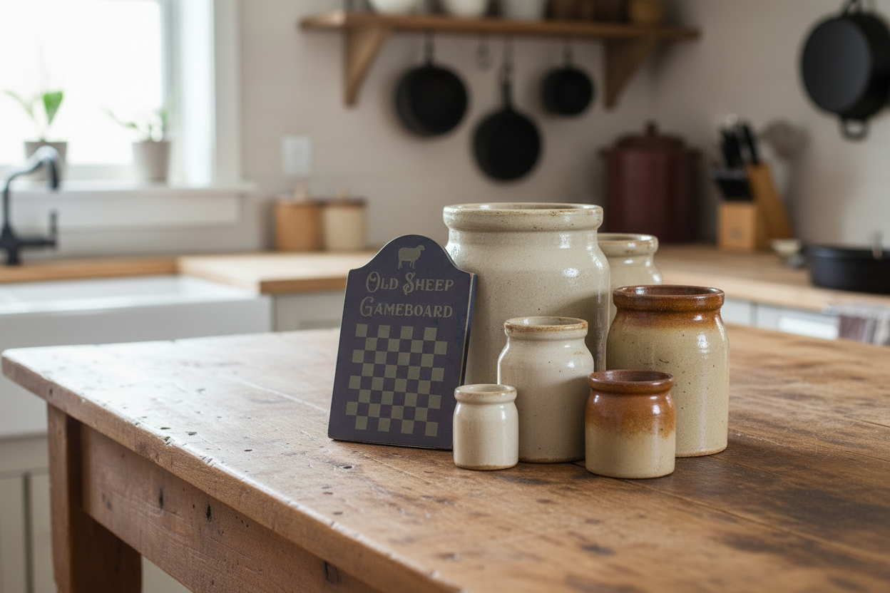 Gameboard labeled 'Old Sheep Gameboard' on a wooden table with ceramic jars in a kitchen setting.