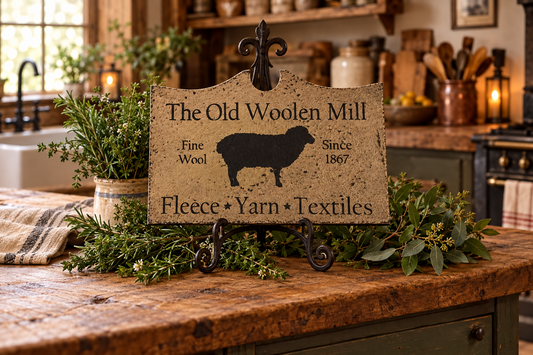 A rustic decorative sign reading 'The Old Woolen Mill' with a black sheep silhouette and text 'Fine Wool Fleece Yarn Textiles,' displayed on a wooden kitchen counter with greenery and candles in a warm, vintage-style room.