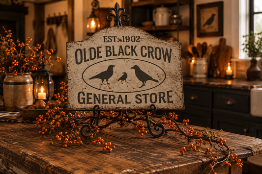 A rustic decorative sign reading 'Olde Black Crow General Store' with crow silhouettes, displayed on a black metal stand on a wooden table in a warmly lit kitchen setting with candles and fall foliage.