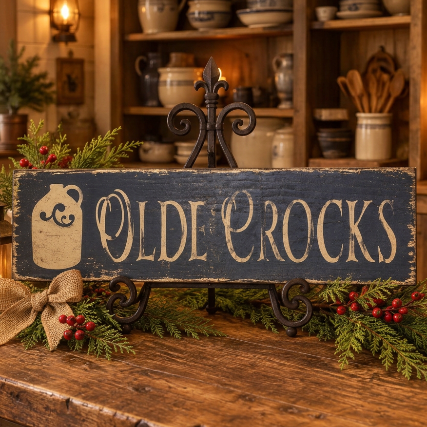 A rustic wooden sign reading "OLDI CROCKS" in distressed cream lettering, mounted on a black metal stand on a wooden countertop. The sign is decorated with green pine branches and red berries, set against a warm, cozy kitchen background with shelves, dishes, and candles.