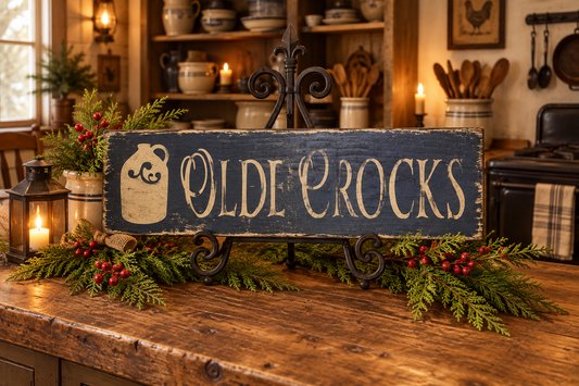 A rustic wooden sign reading "OLDI CROCKS" in distressed cream lettering, mounted on a black metal stand on a wooden countertop. The sign is decorated with green pine branches and red berries, set against a warm, cozy kitchen background with shelves, dishes, and candles.