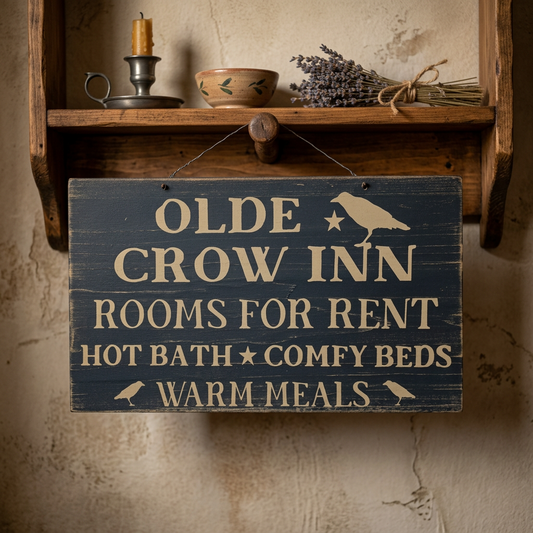 Olde crow inn primitive wood sign hanging from peg shelf