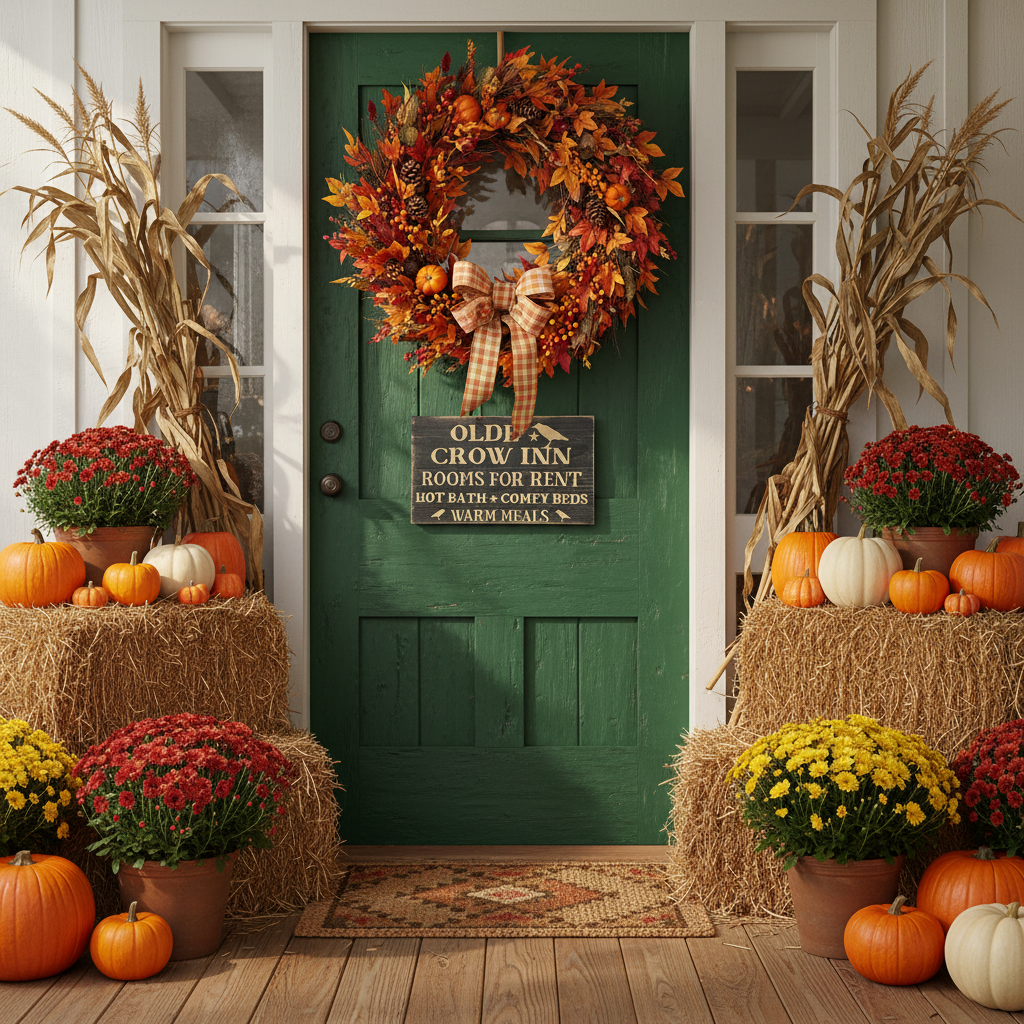 Decorative autumn scene with a green door, wreath, pumpkins, and flowers on a wooden floor.