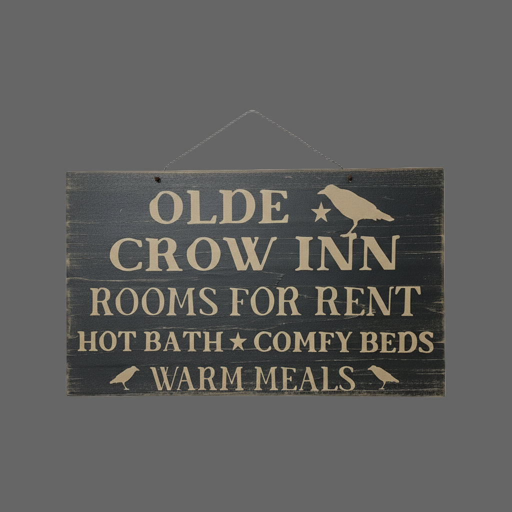 A black wooden sign with mustard lettering that reads 'Olde Crow Inn Rooms for Rent Hot Bath Comfy Beds Warm Meals' with a graphic of a crow perched on a branch.