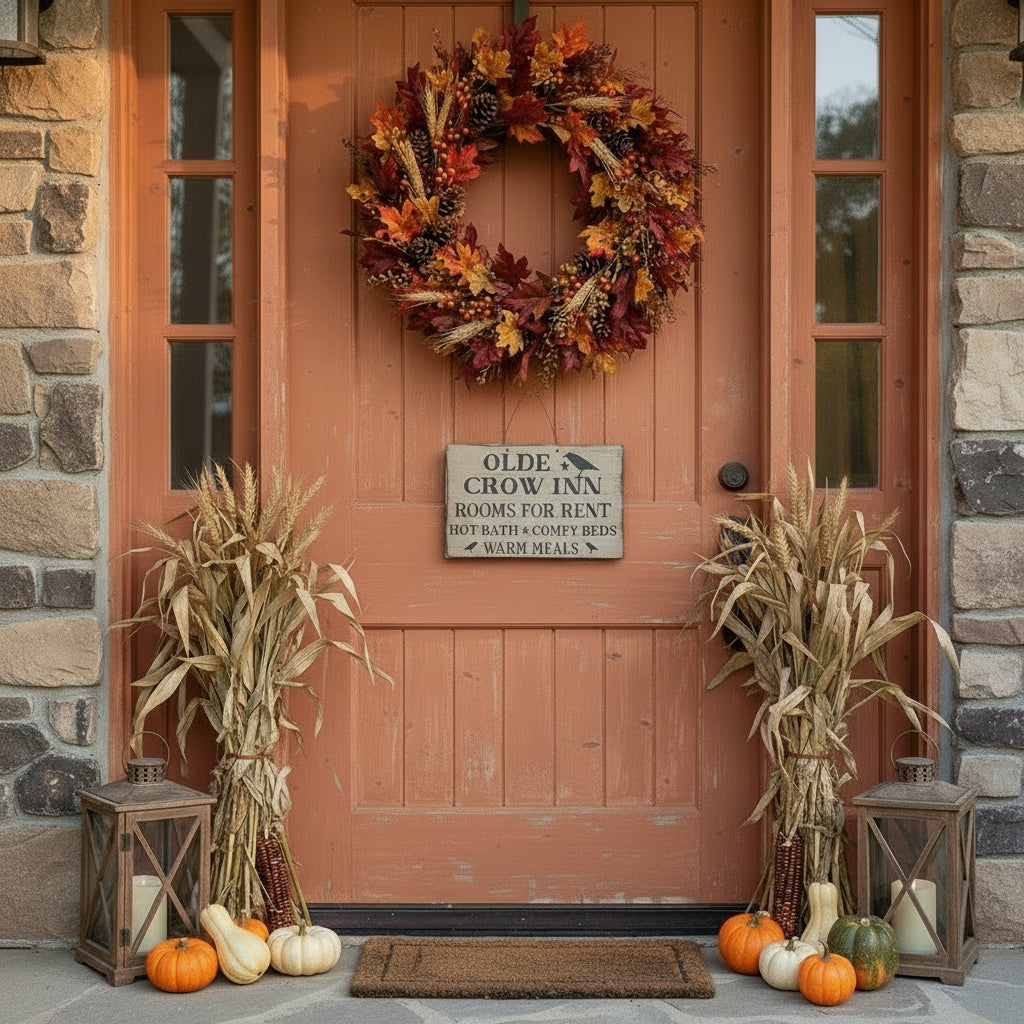 Front door with autumn wreath, pumpkins, and corn stalks on a stone wall background