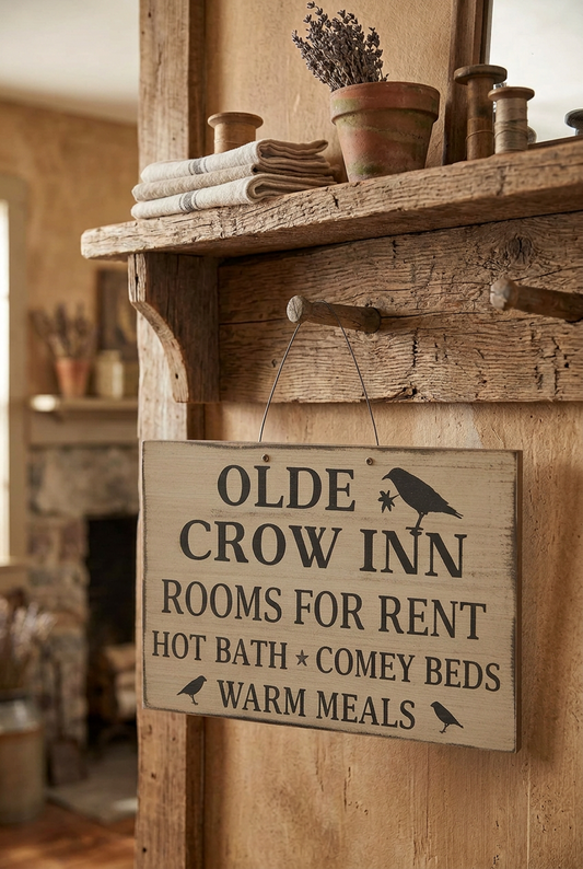 Olde Crow Inn sign hanging from a peg shelf.