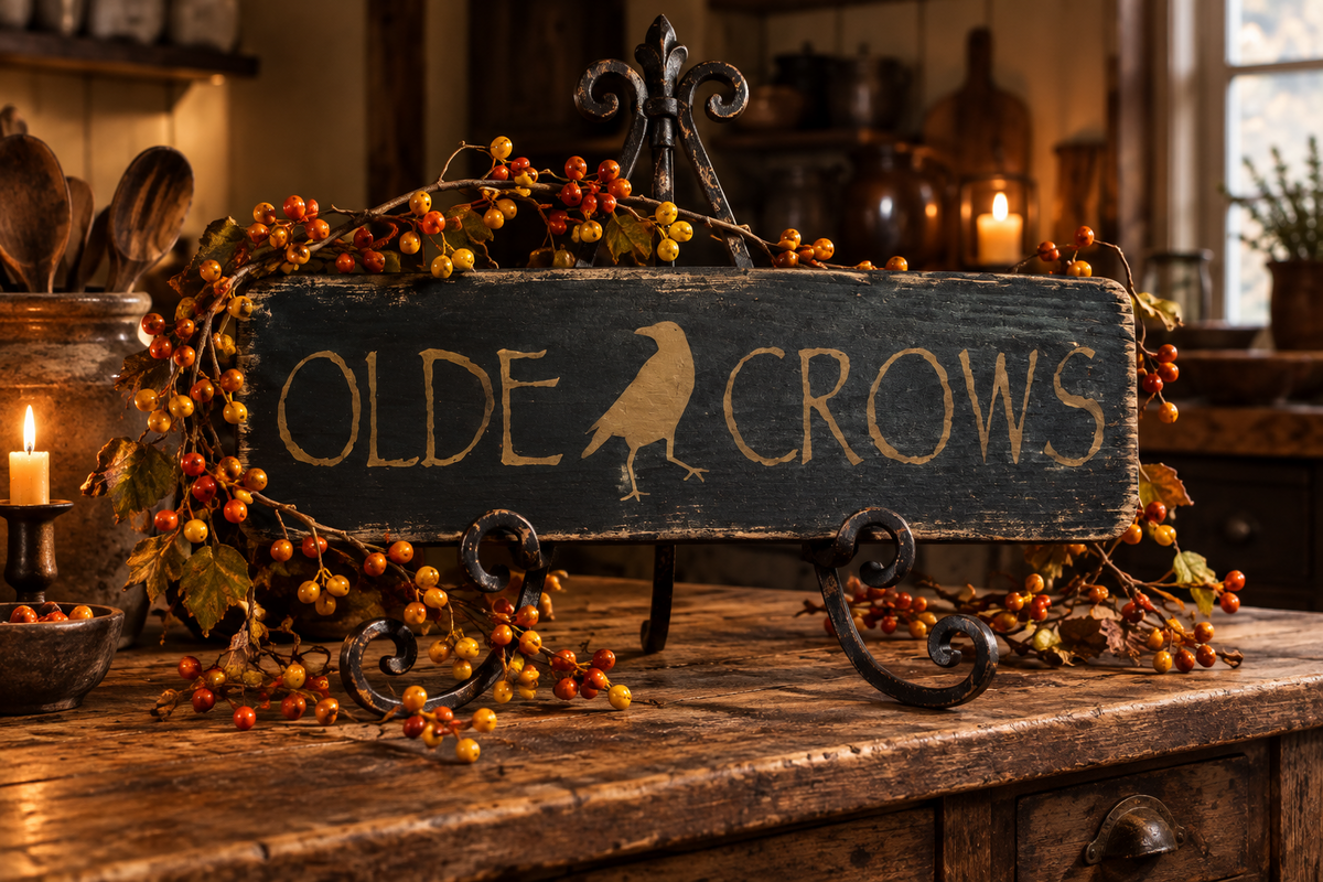 A rustic wooden sign reading 'OLDE CROWS' with a bird silhouette, displayed on a table in a warmly lit kitchen setting with candles and autumn berries.