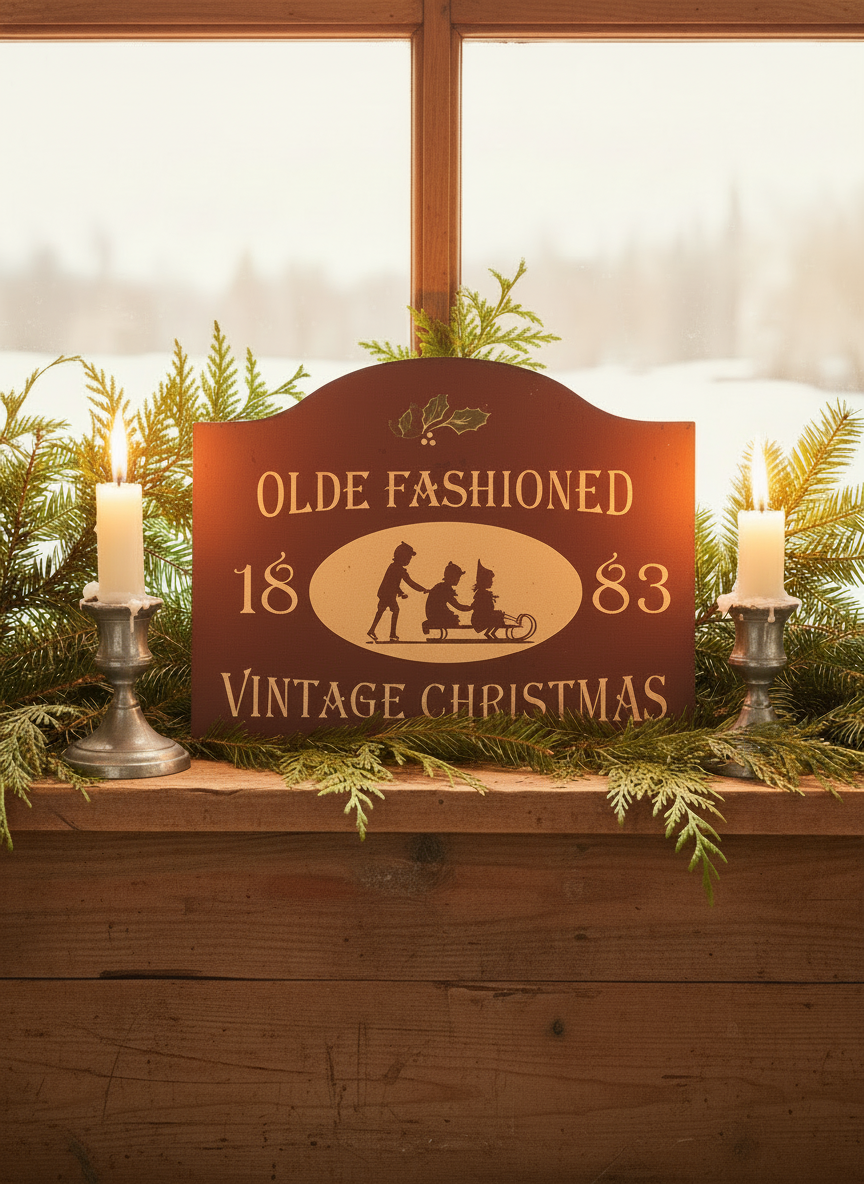 Decorative sign with 'Olde Fashioned Vintage Christmas' text, candles, and greenery on a wooden surface.