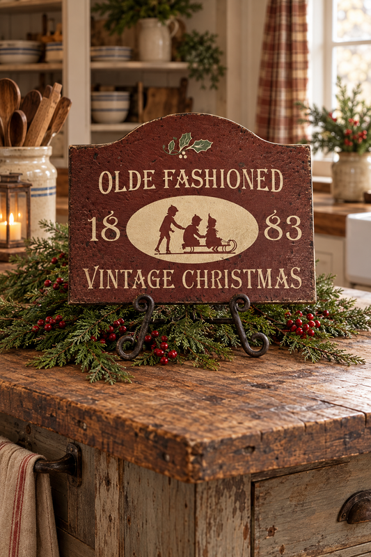 A rustic decorative sign reading 'OLDE FASHIONED 1883 VINTAGE CHRISTMAS' with a silhouette of a person pushing a sleigh, displayed on a wooden kitchen island with evergreen garland and red berries.